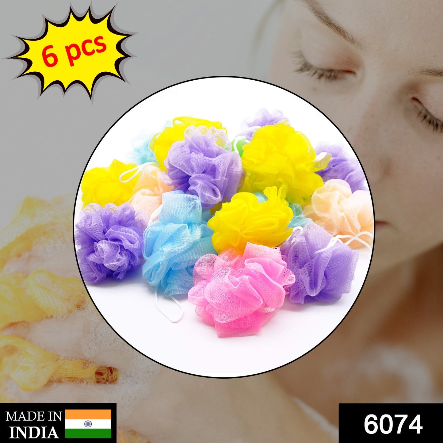 6074 Bath Shower Loofah Sponge Pouf Body Scrubber (Pack of 6Pcs) 